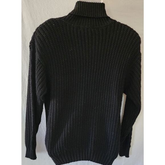 Vintage Black Cable Knit Turtleneck Sweater Womens Medium Cozy Classic Sweater - Picture 2 of 8
